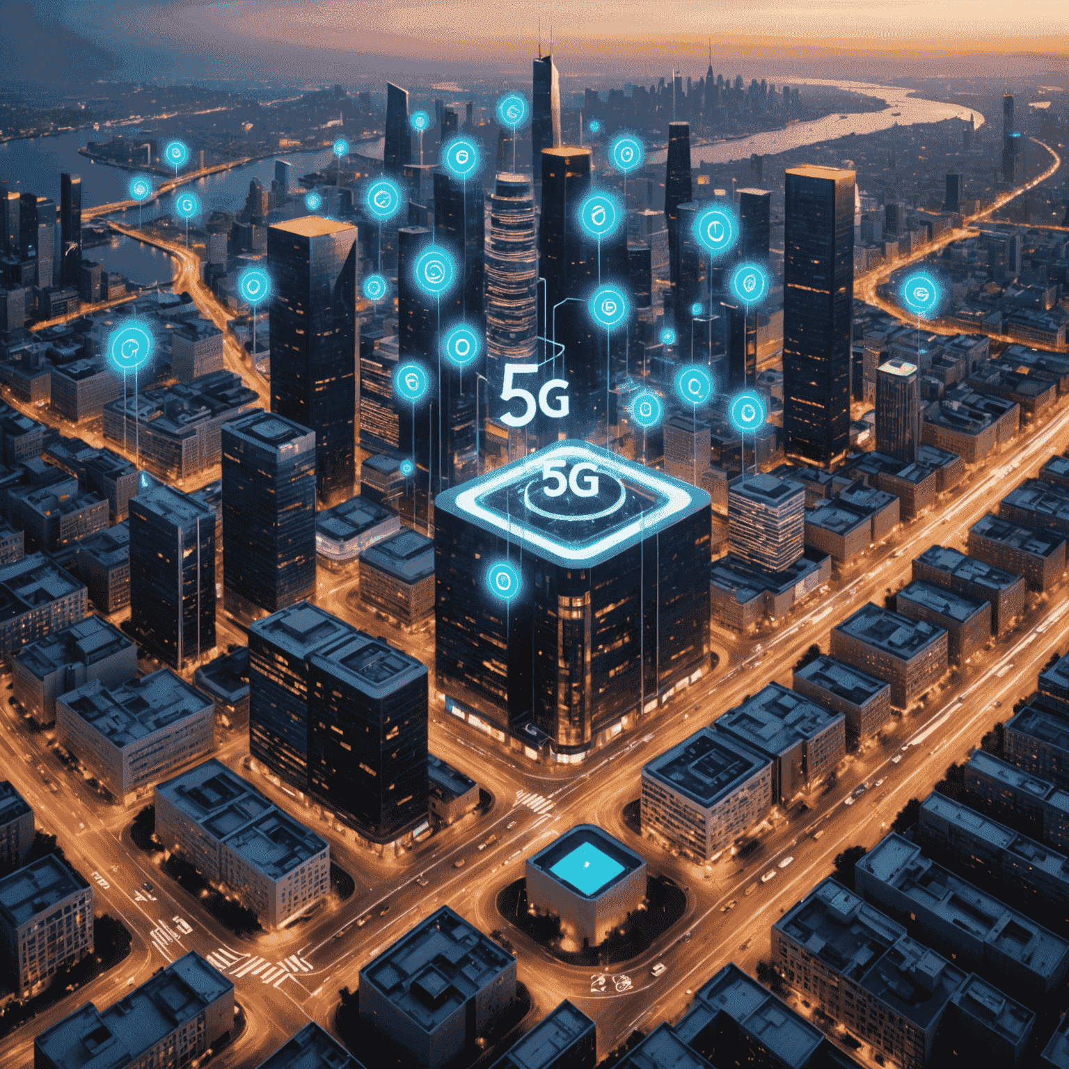 صورة توضيحية لتقنية الجيل الخامس 5G تظهر شبكة اتصالات متطورة تربط بين الأجهزة الذكية والمدن الذكية